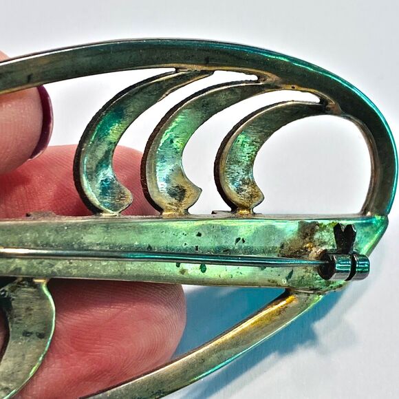 Vintage Art Deco Brooch Green Stone 925 Silver Marcasite Oval Statement Jewelry - Picture 6 of 8